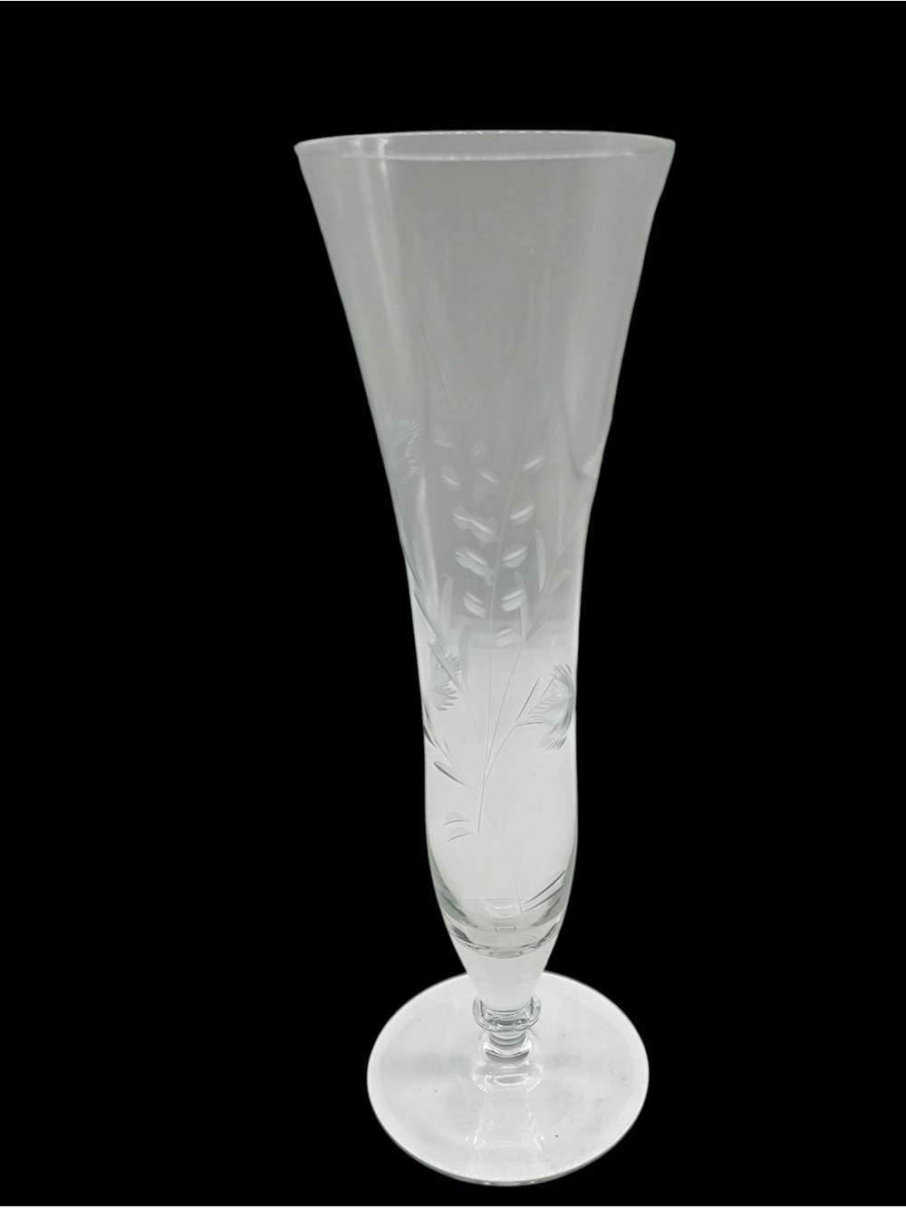 Vintage 10” Clear Glass Etched  Floral Motif Footed Bud Vase Excellent Condition